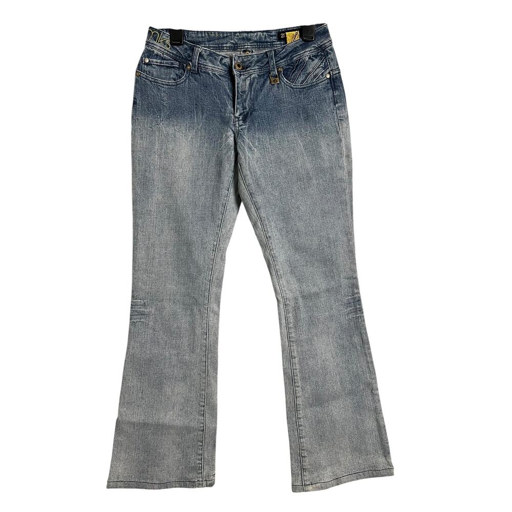 Akademiks Bootcut Jeans Womens 28 Blue Stone Wash Distressed Embroidered Logo